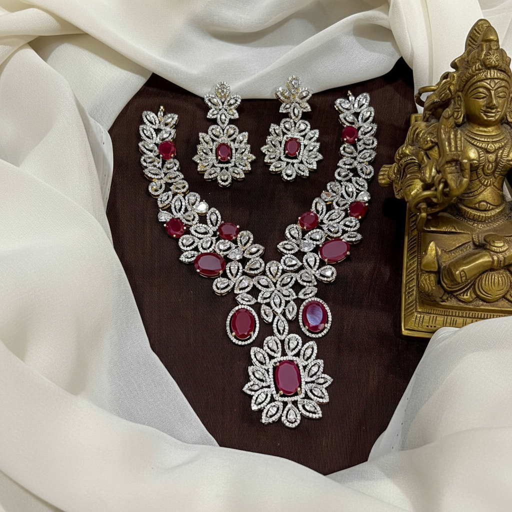 Flower Pattern Diamond Necklace Woth Earrings - DN0080
