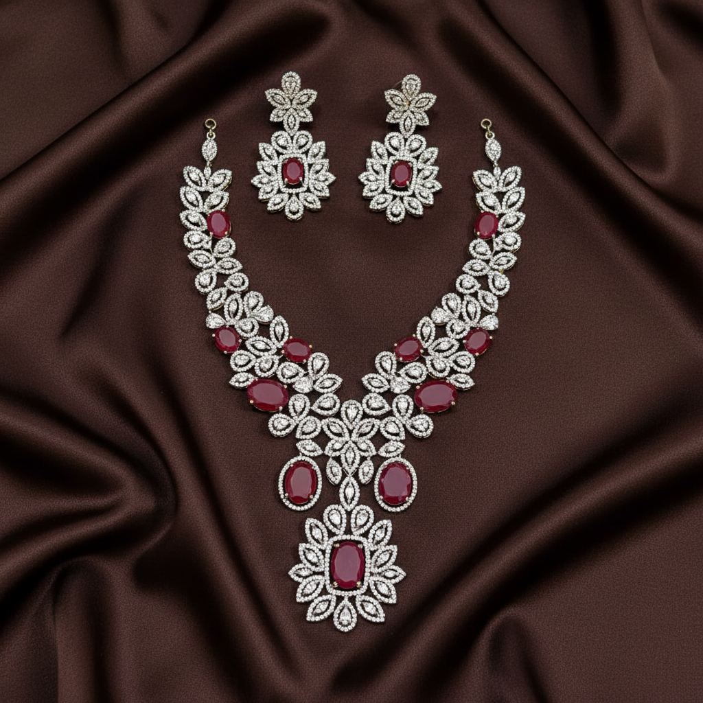 Flower Pattern Diamond Necklace Woth Earrings - DN0080