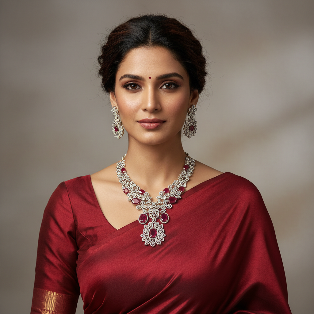Flower Pattern Diamond Necklace Woth Earrings - DN0080
