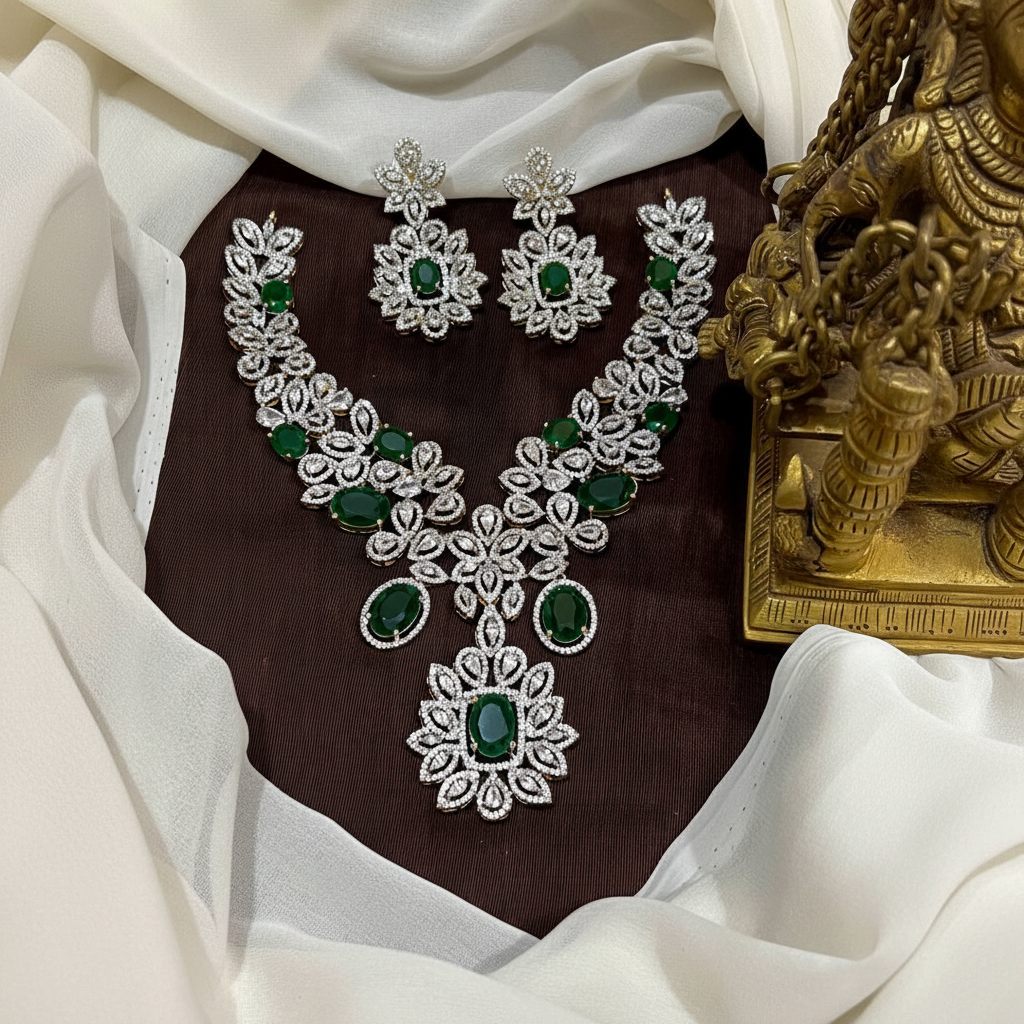 Flower Pattern Diamond Necklace Woth Earrings - DN0080