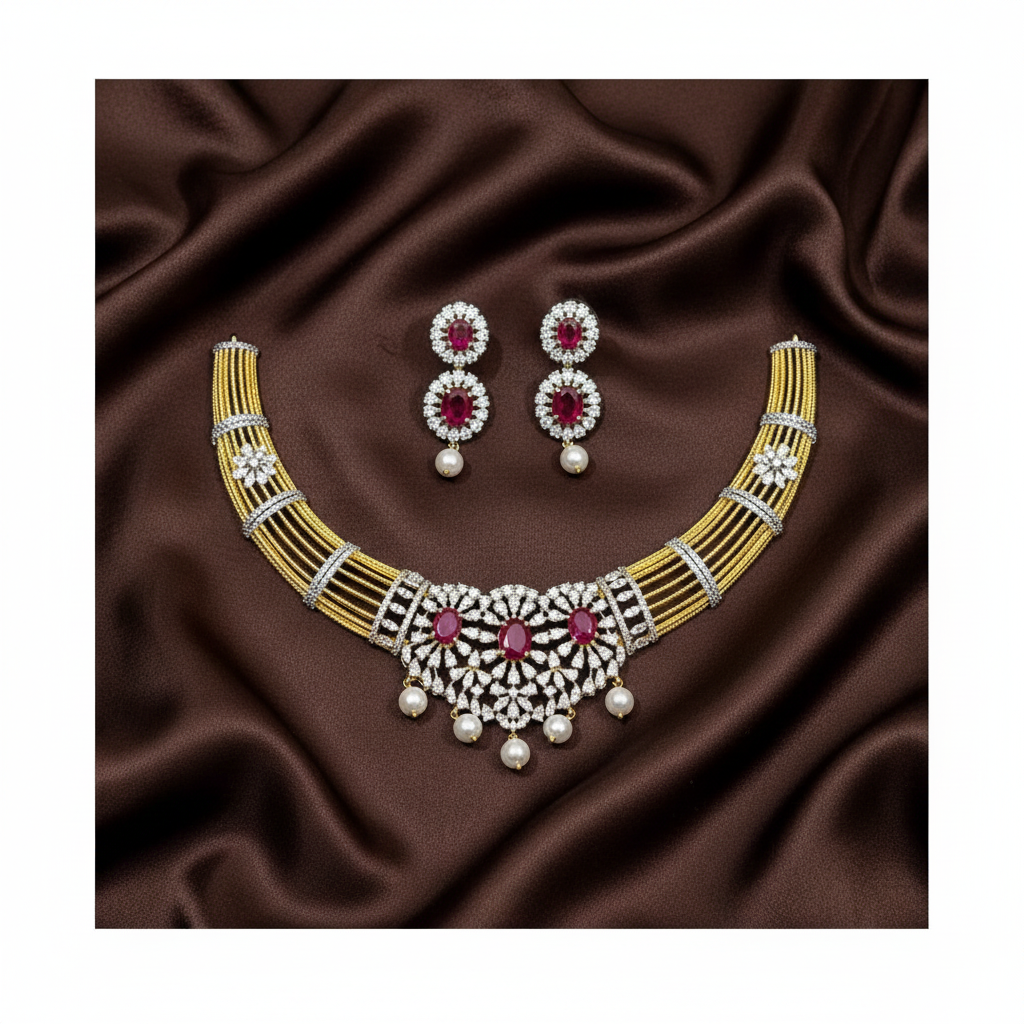 Kante Pattern Gold Finish Diamond Necklace - DN0082