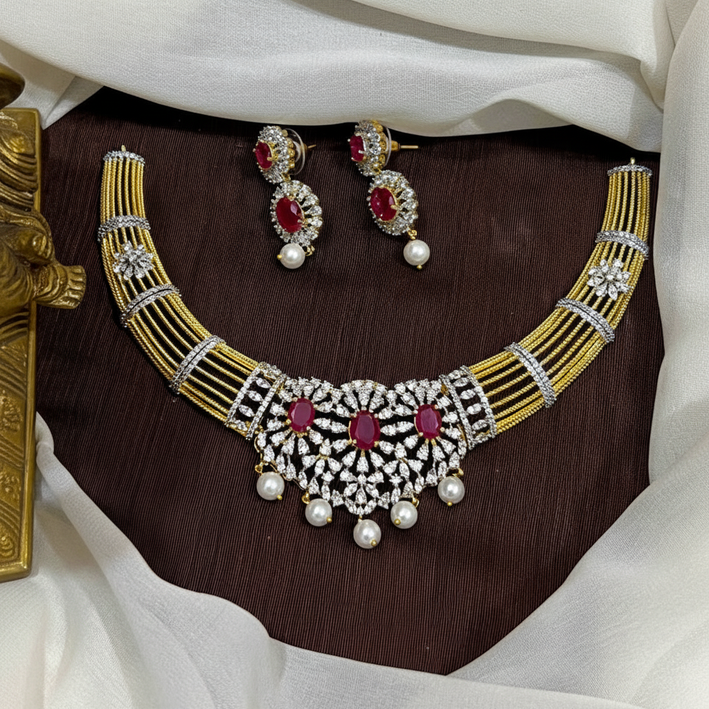 Kante Pattern Gold Finish Diamond Necklace - DN0082