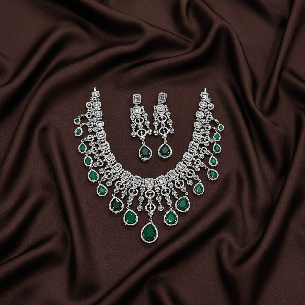 Emerald Dew Drop Daimond Necklace with Big Earrings - DN0088