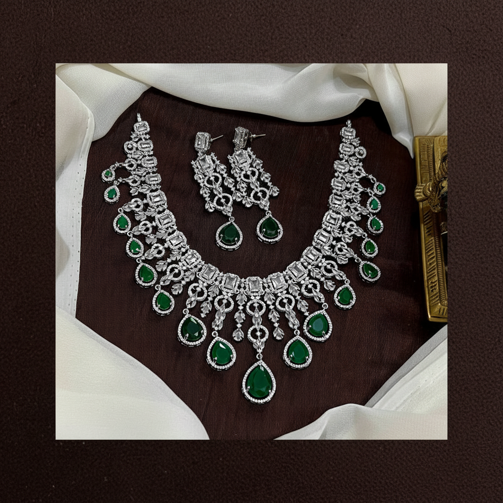 Emerald Dew Drop Daimond Necklace with Big Earrings - DN0088