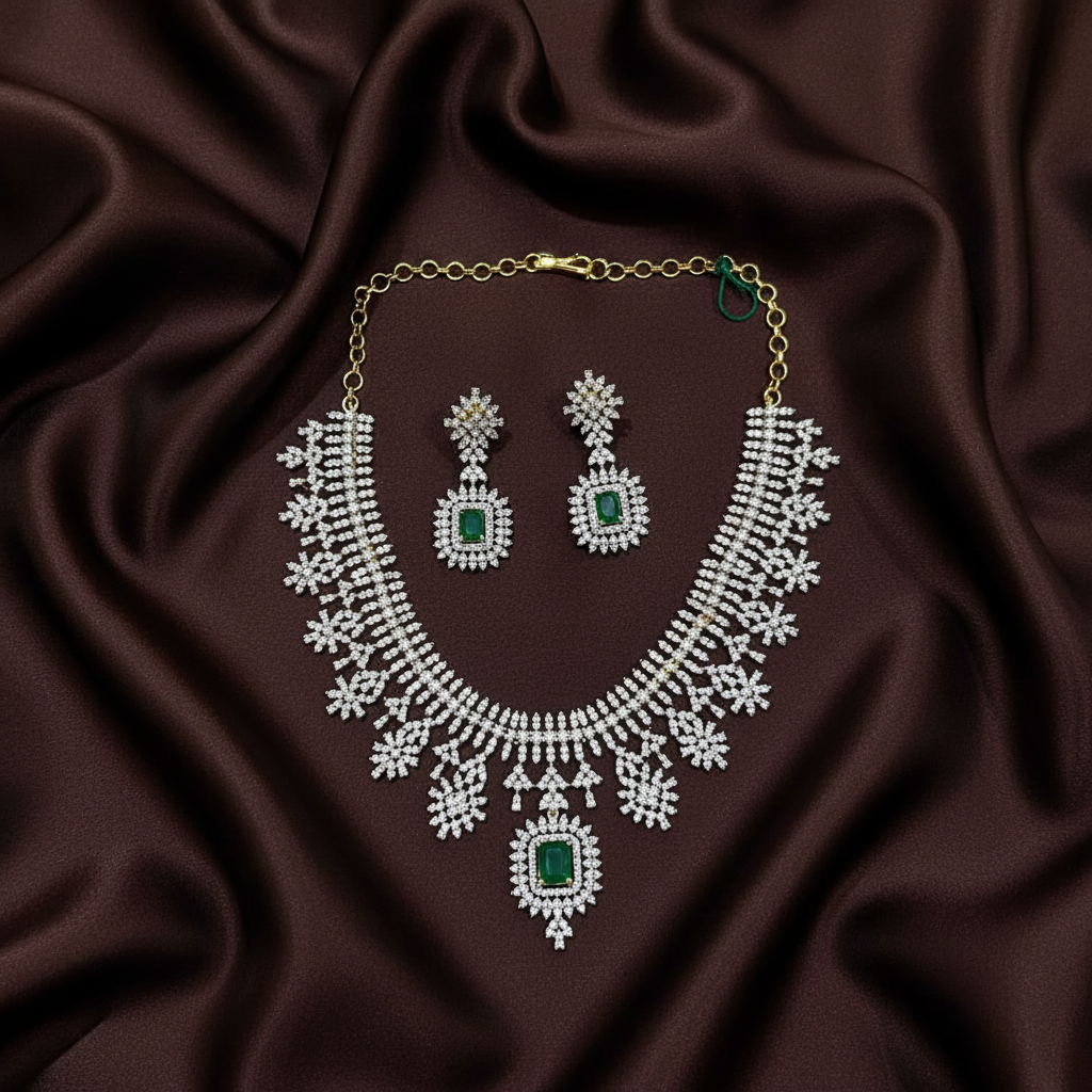 Daimond Emerald Stone Necklace With Gold Replica - DN0089
