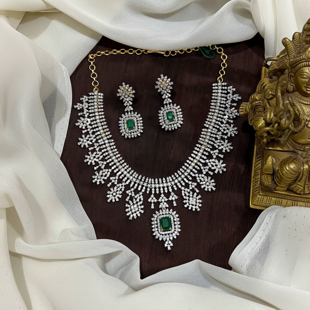 Daimond Emerald Stone Necklace With Gold Replica - DN0089