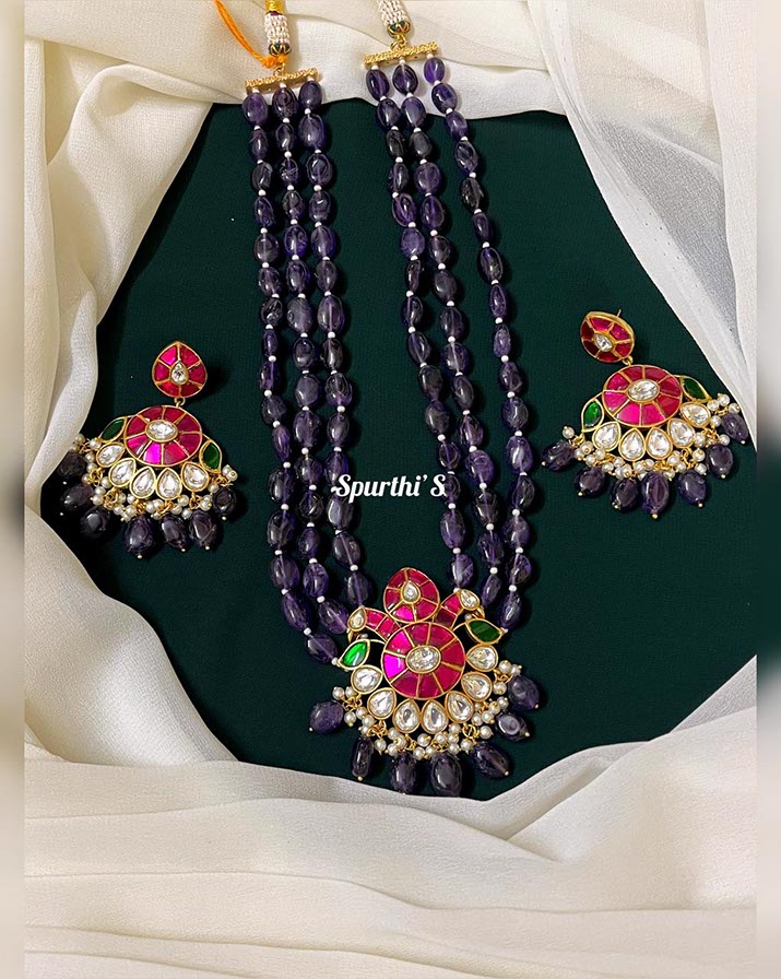 PURPLE Beads Jadau Pendant Haram with Earrings - HJ0054