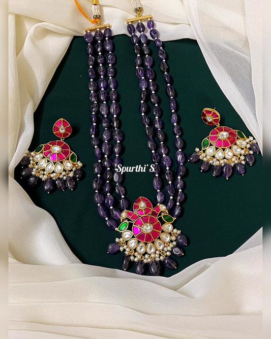 PURPLE Beads Jadau Pendant Haram with Earrings - HJ0054