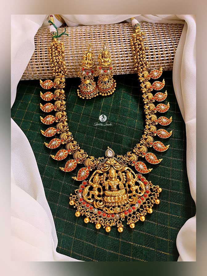 Mango Nakshi Laxmi Kundan Haram Red with Earrings - HN0009