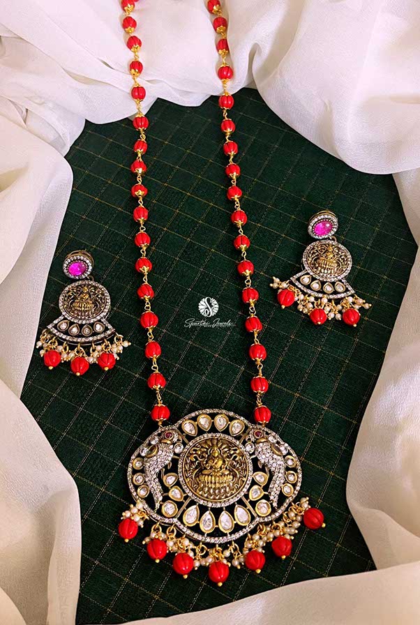 Coral Victorian Lakshmi Haram With Earrings - HV0008