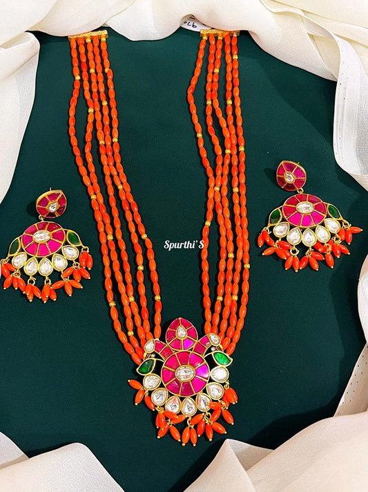 Coral Jadau Kundan Haram with Earrings - HV0025