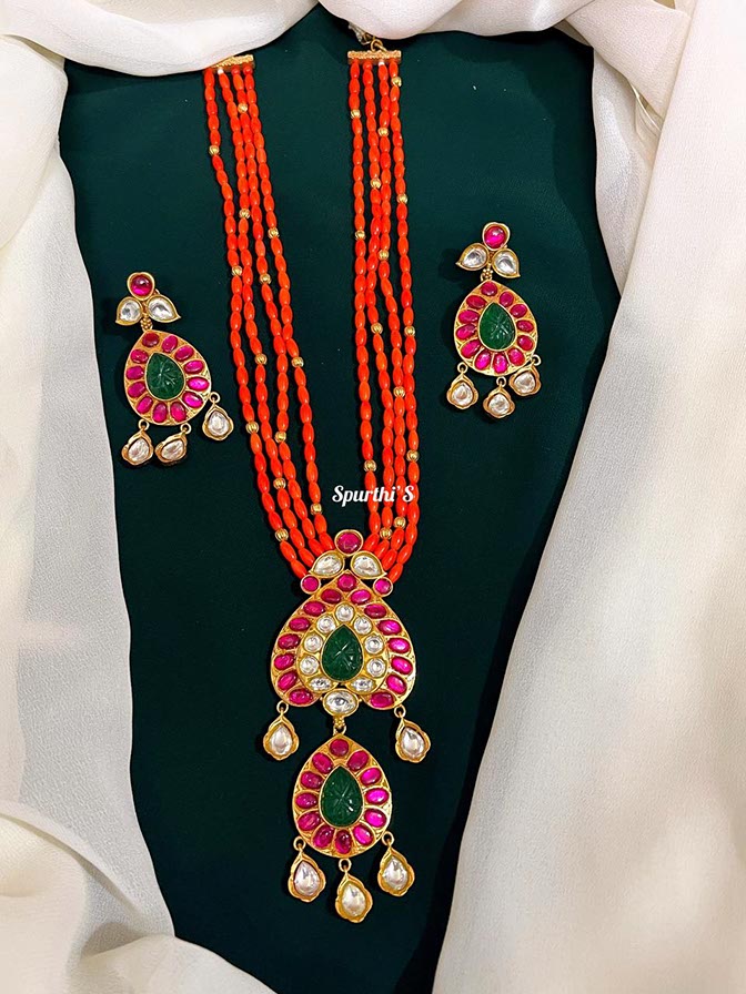 Orange Jadau Kundan Haram with Earrings - HV0027