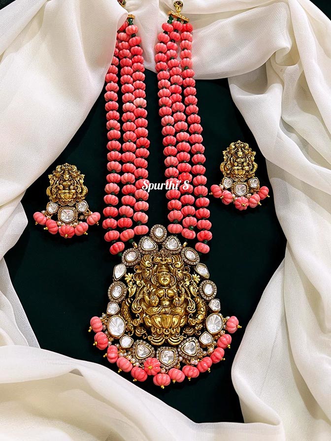 Laxmi Pendant Jadau Kundan Haram with Earrings - HV0034