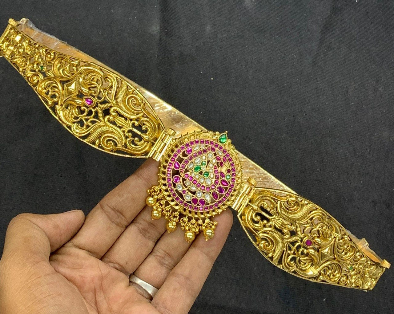 Designer Belt Gold Replica Design With Peacock Pendant in Pota Stones - WB0040