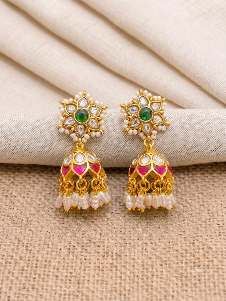 Jadau Kundan Earring With Rice Pearls- KE00329
