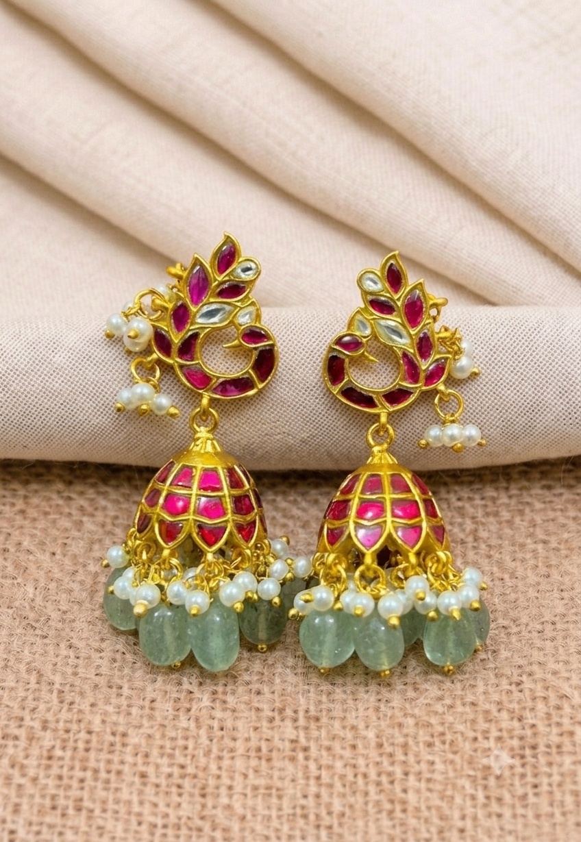 Jadau Peacock Jhumki With Screw Back - KE00566