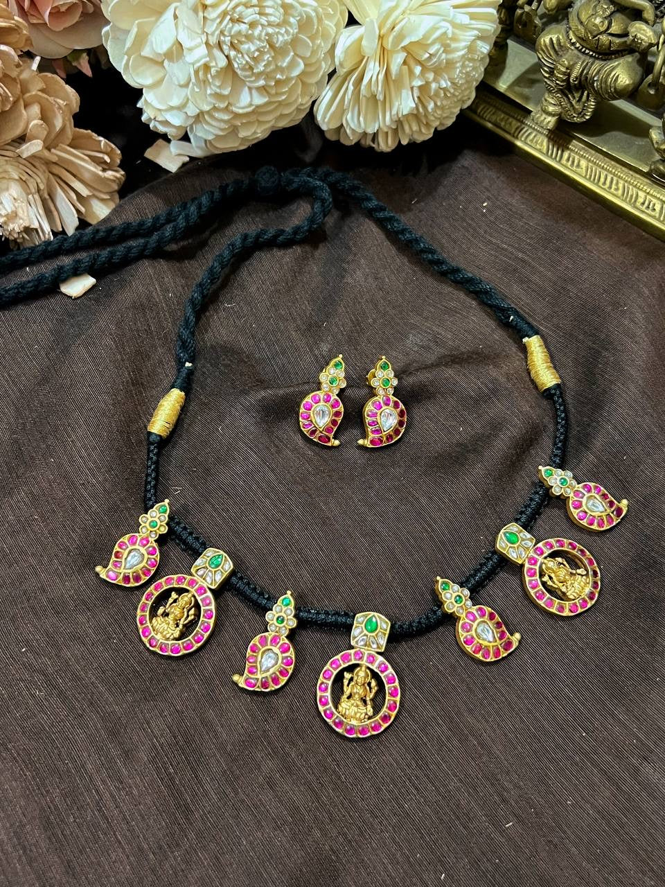 Beautiful Lakshmi and Mango Necklace  in Black Dori  - BD0041