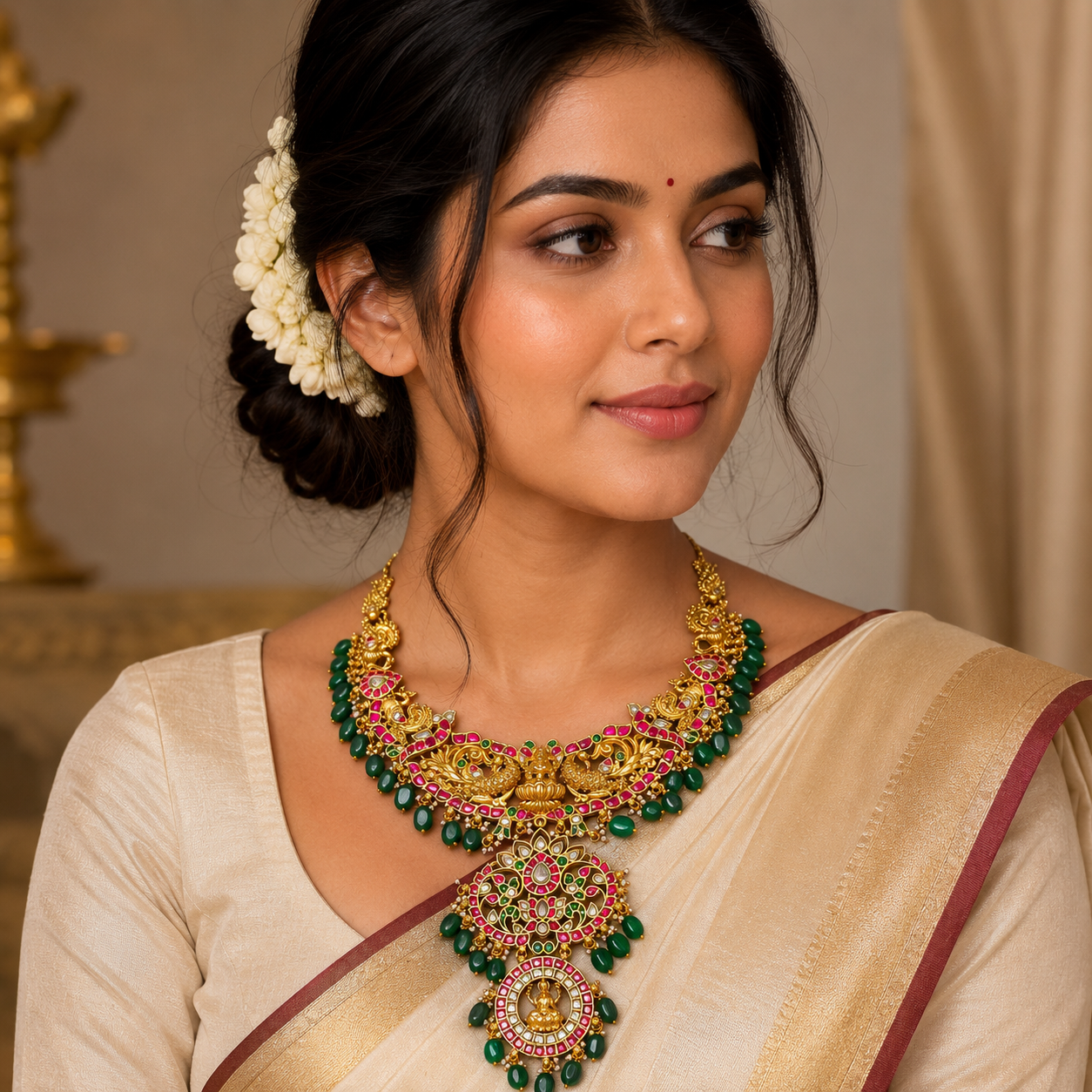 Jadau Gold polish Lakshmi Double step pendant set - KN00660