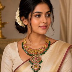 Jadau Gold polish Lakshmi Double step pendant set - KN00660
