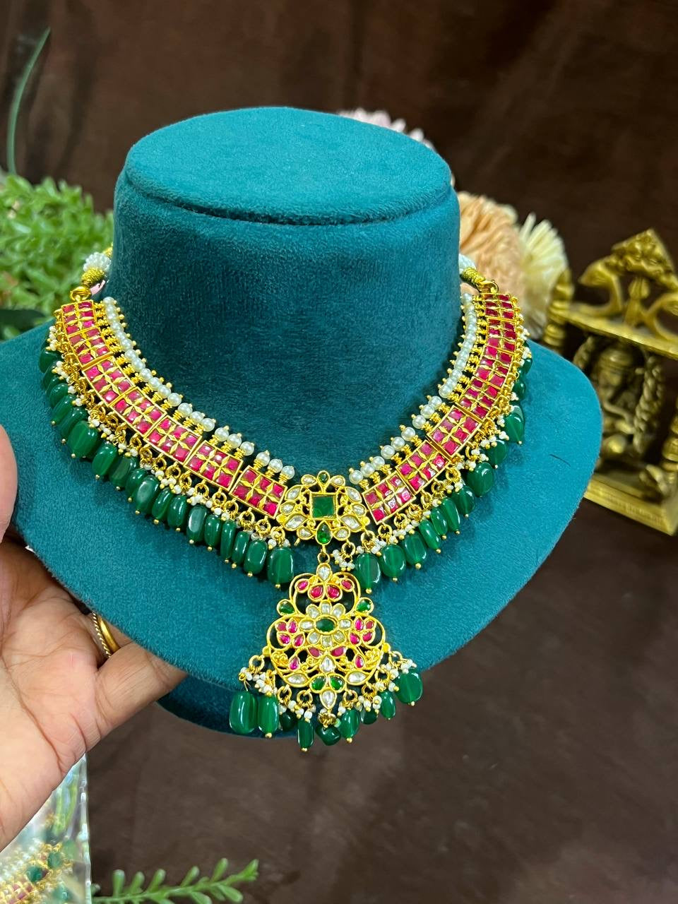 Ruby Kundan Necklace With Emerald Pearls - KN00472