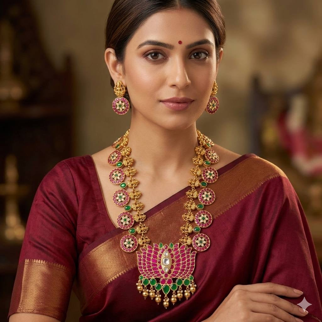 Jadau Bottu Haram With Lotus Pendant And Earrings -  KH00431