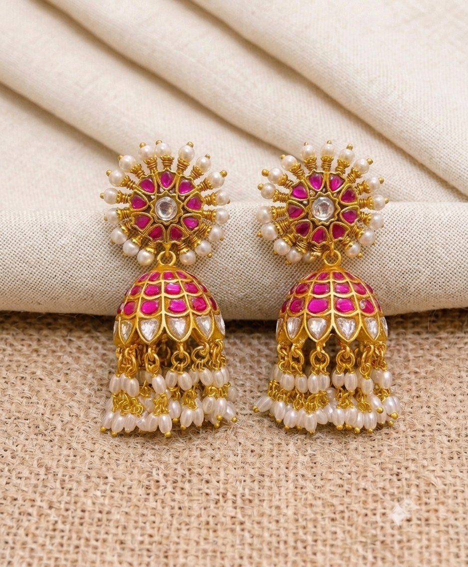 Jadau Rice Pearls Jhumkis With Screw Back- KE00341