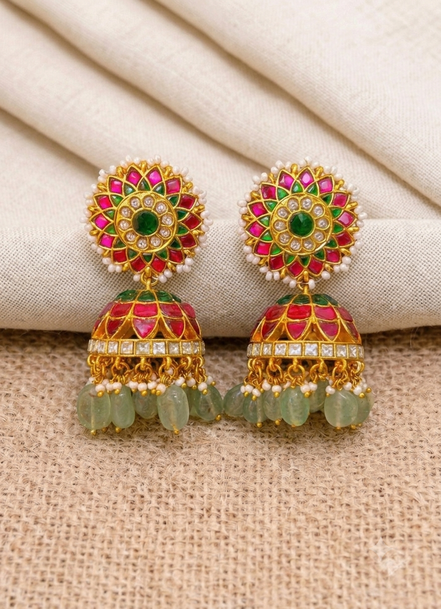 Pearl Flower in Multi Colour Jhumki in Kundan - KE00550