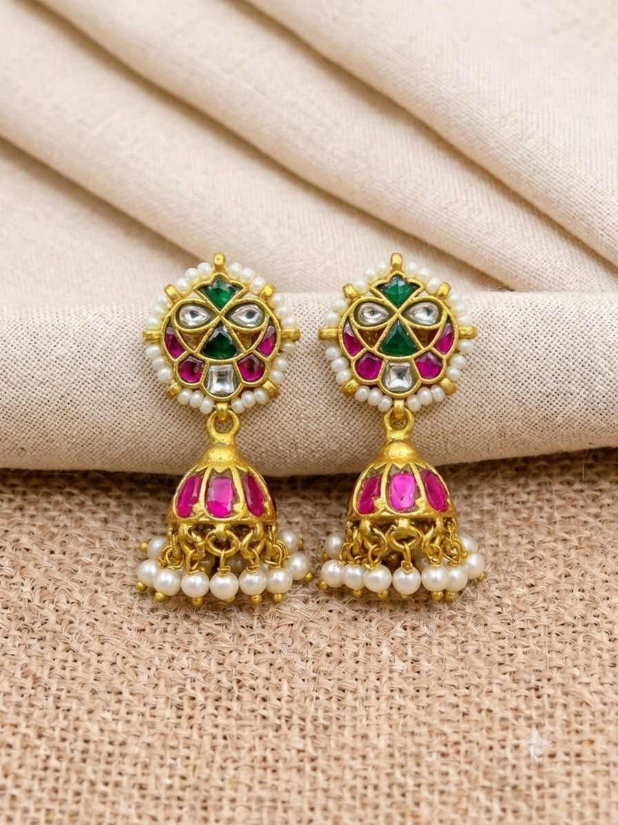 Jadau Stone Cute Small Jhumki With Back Screw - KE0077