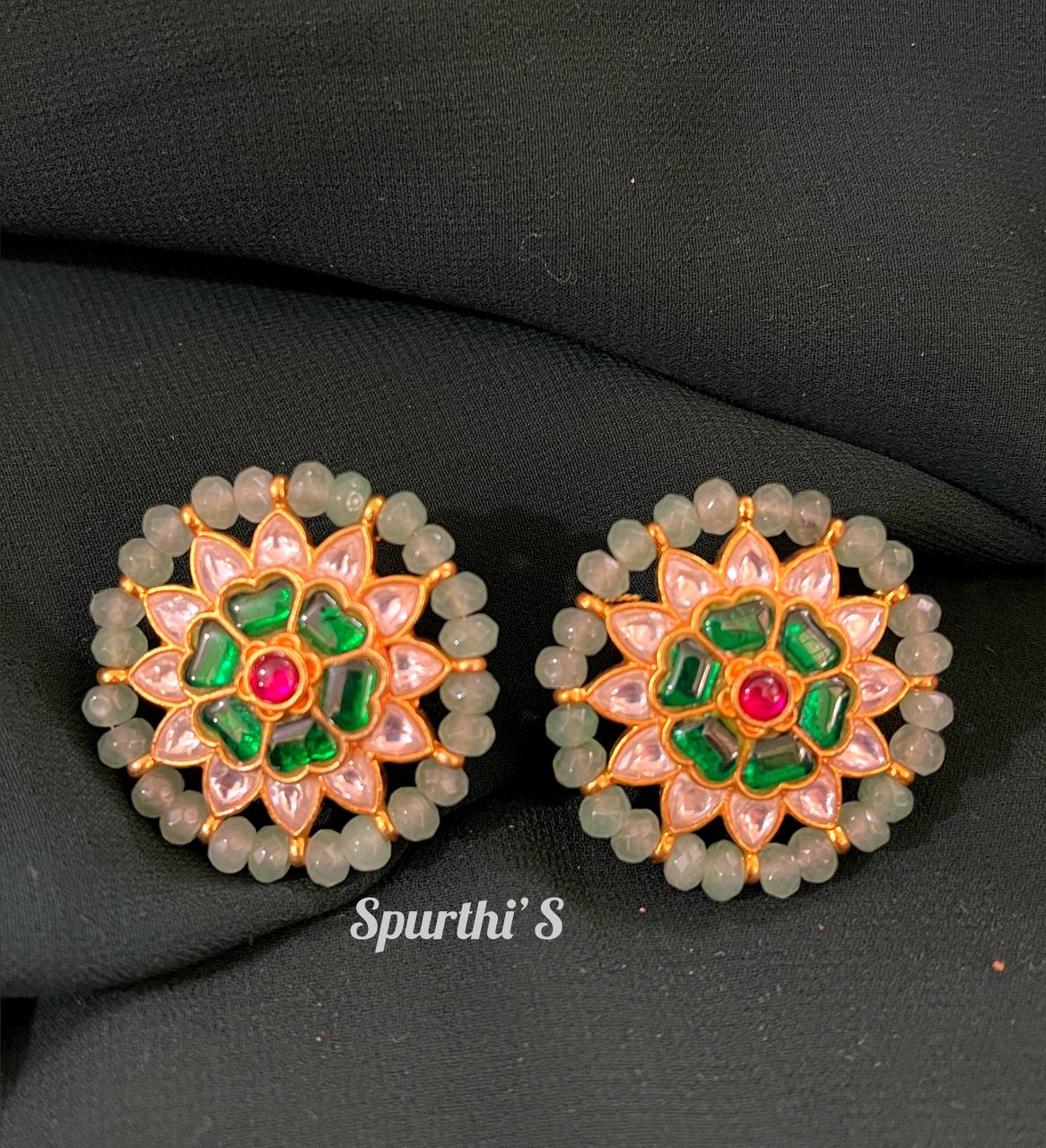 Emerald Circular Jadau Kundan screw Back Earrings  - KE0009