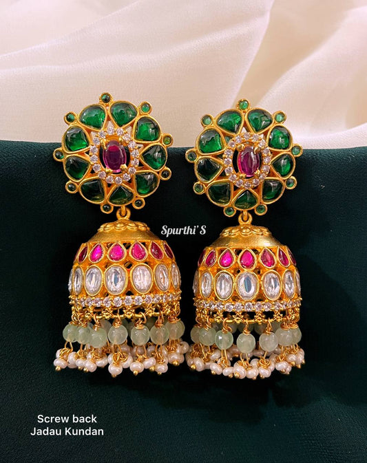 Emerald stud Jadau Kundan  Screw Back Jhumkis - KE0011