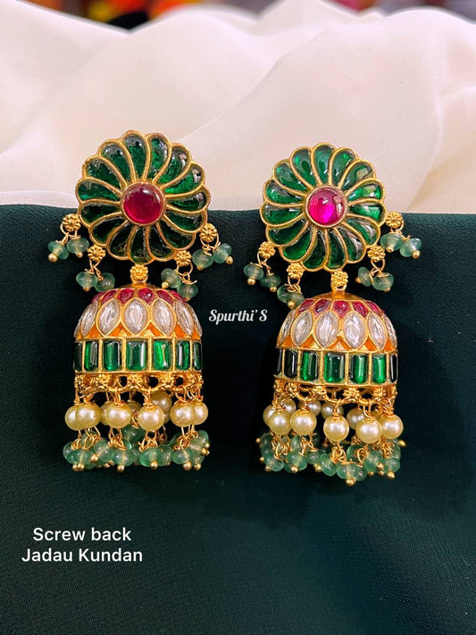 Emerald stone Jadau Kundan  Screw Back Jhumkis - KE0012