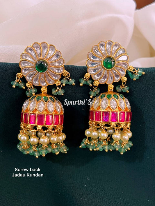 White stone Jadau Kundan  Screw Back Jhumkis- KE0013