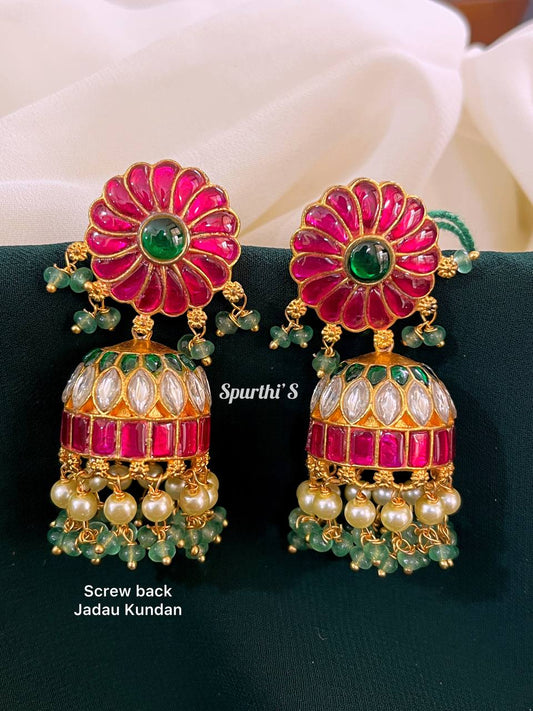 Jadau Kundan Kempu Screw Back Jhumkis - KE0014