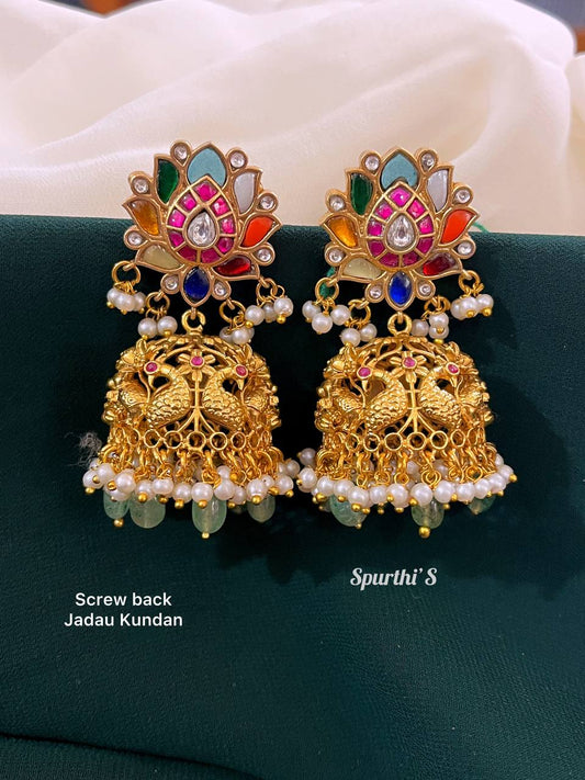 Navaratna Peacock Screw back Jhumkis - KE0015