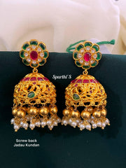 Jadau Kundan Screw Back Emerald Jhumkis - KE0016