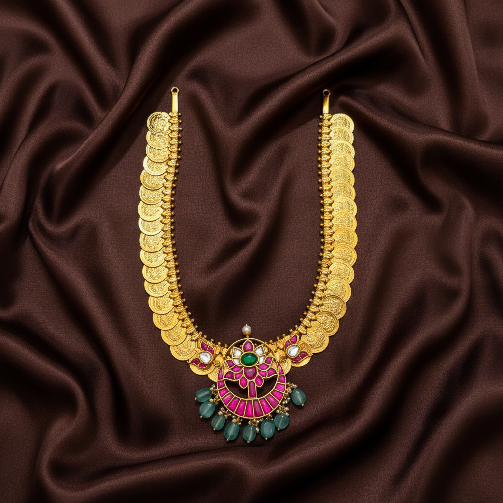 Beautiful Jadau Pendant with hand made Gold Replica Kaasu Haram - KH00415
