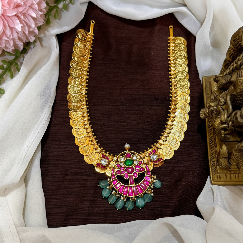 Beautiful Jadau Pendant with hand made Gold Replica Kaasu Haram - KH00415