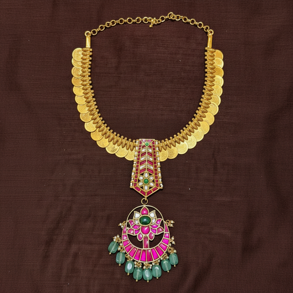Jadau Long Pendant With Gold Finish Kasu Necklace - KN00650