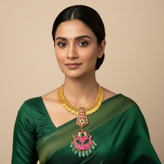 Jadau Long Pendant With Gold Finish Kasu Necklace - KN00650