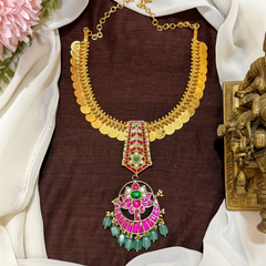 Jadau Long Pendant With Gold Finish Kasu Necklace - KN00650