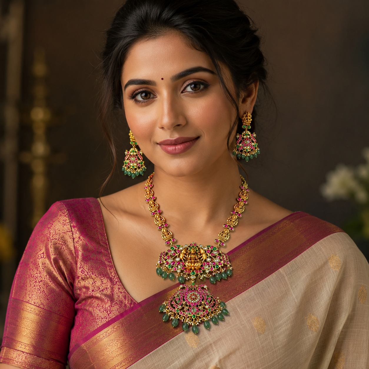 Jadau Lakshmi Side Chain Long Haram With Big Earrimgs - KH00416