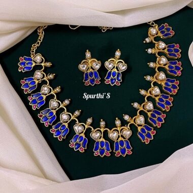 Blue Lotus Jadau Necklace with Earrings - NK0032