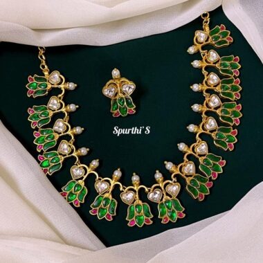 Lotus Green Flower Jadau Necklace with Earrings - NK0033