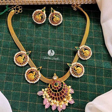 Kempu Necklace with Baby Pink Beads and Earrings - NN0018