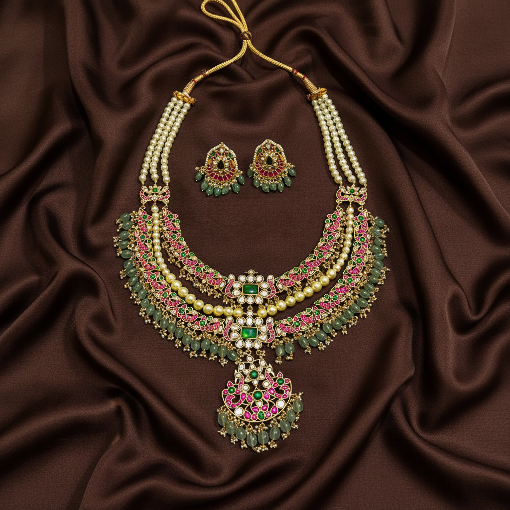 Pearl Layer Grand Jadau Haram With Earrings - PB00579