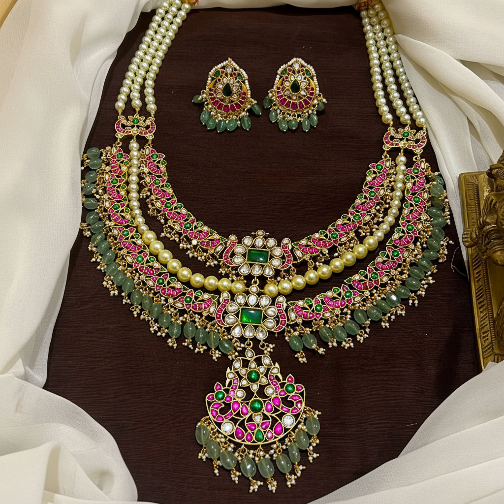 Pearl Layer Grand Jadau Haram With Earrings - PB00579