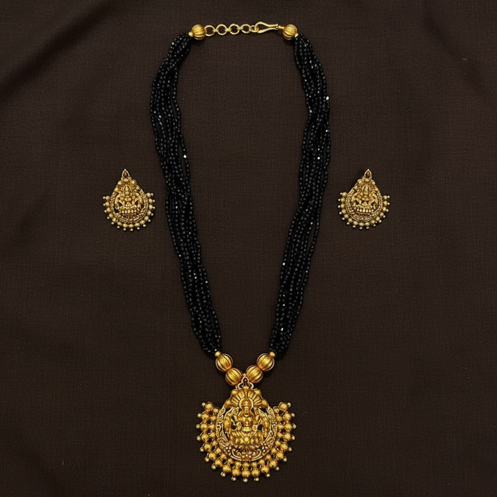Nagaru Lakshmi Pendant With Black beads - PB00584