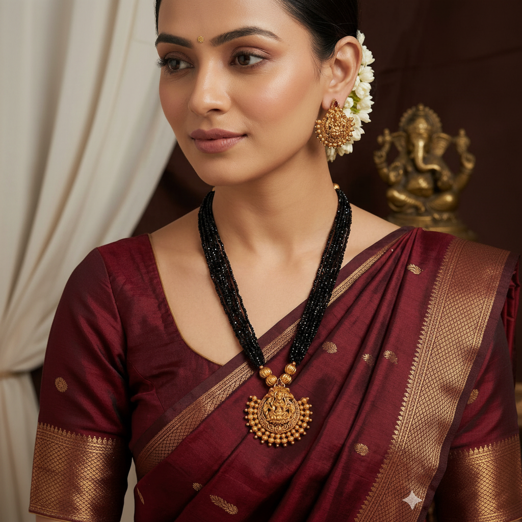Nagaru Lakshmi Pendant With Black beads - PB00584
