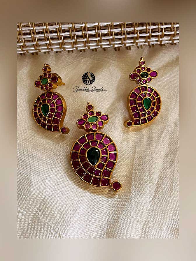 Ruby Color Mango Pendant with Earrings - PN0006