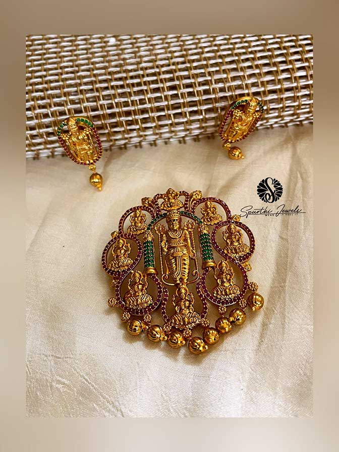 Ruby Color Laxmi Pendant with Earrings - PN0011